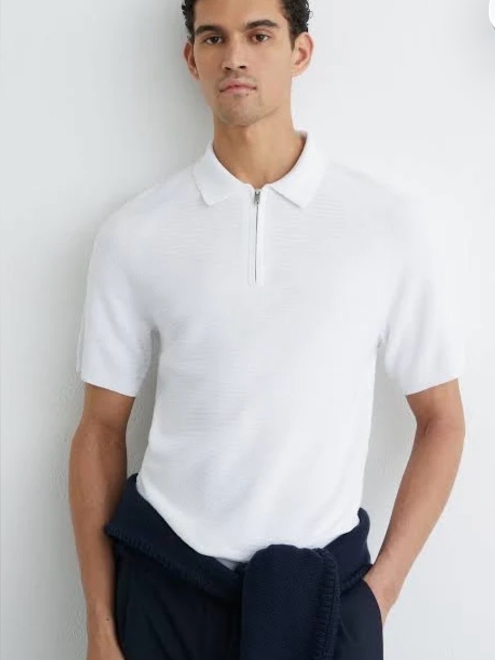 Reiss Estate  Textured knit Cream Short-Sleeve Zip Polo